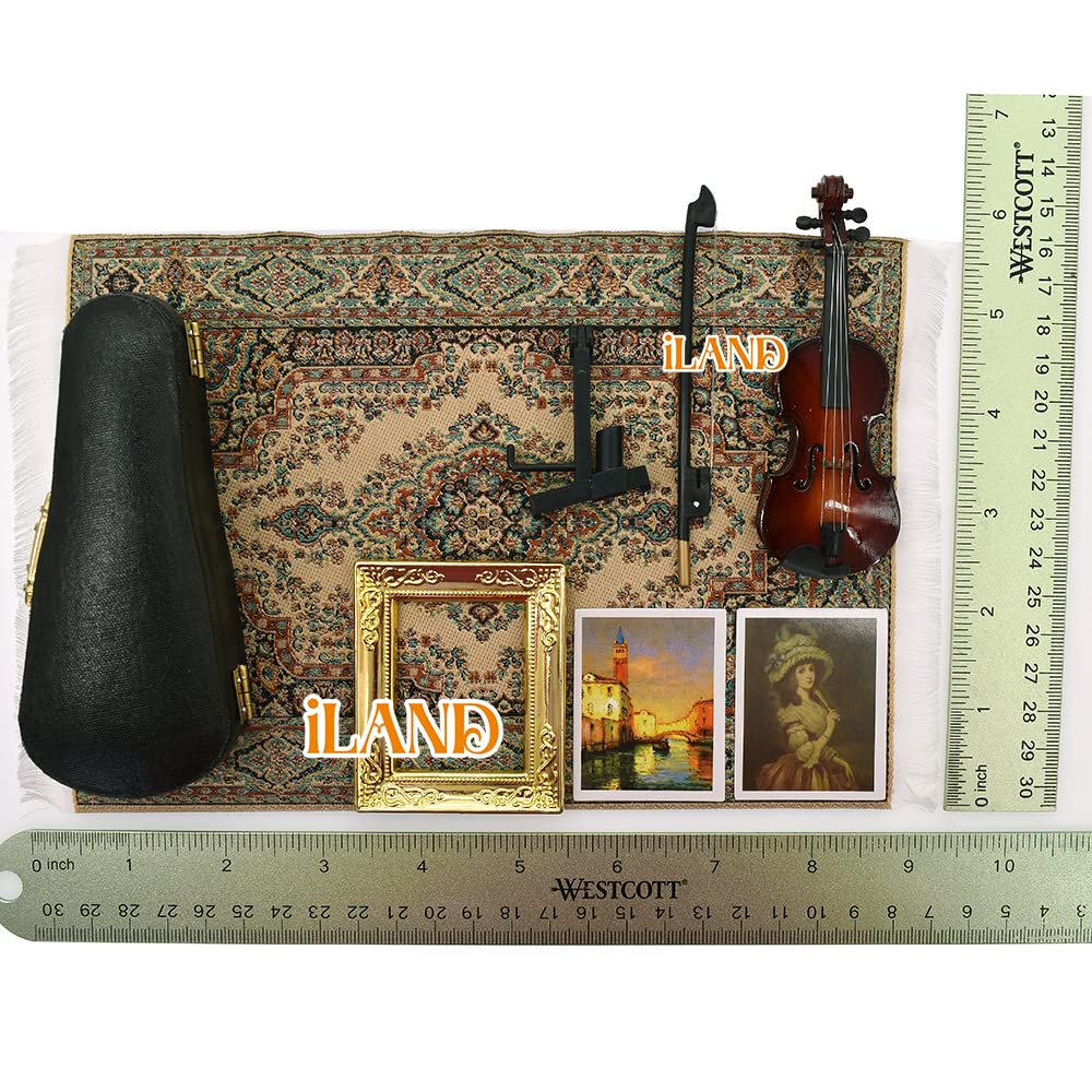 Miniature violin set with ornate carpet, gold frame, and art prints. Ideal 1/12 scale accessories for dollhouse piano room.