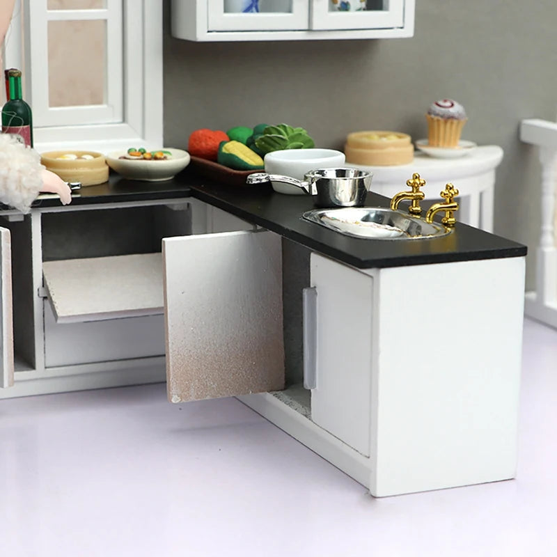 1:12 scale modern dollhouse kitchen set with detailed miniature food, cookware, and cabinets for realistic play.