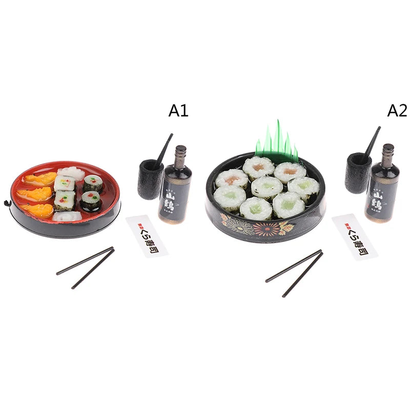 Dollhouse miniature sushi set with realistic nigiri and maki rolls, complete with chopsticks and soy sauce bottle.