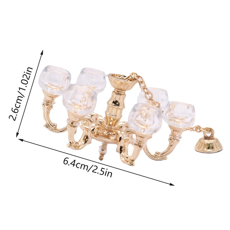 Elegant 1:12 dollhouse miniature chandelier with six glass lights, gold detailing, and precise dimensions for perfect fit.