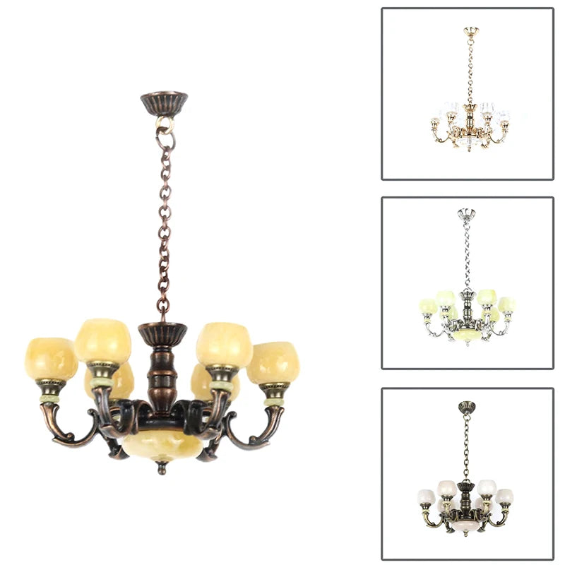 Elegant 1:12 scale dollhouse chandelier with antique bronze finish and amber glass shades, perfect for miniature decor.
Versatile miniature chandelier in gold with clear glass lights, enhancing the elegance of any 1:12 dollhouse setting.
Charming silver miniature chandelier featuring soft yellow glass shades, ideal for adding warmth to a dollhouse room.
Classic bronze 1:12 scale chandelier with white glass lights, a perfect addition to traditional dollhouse interiors.