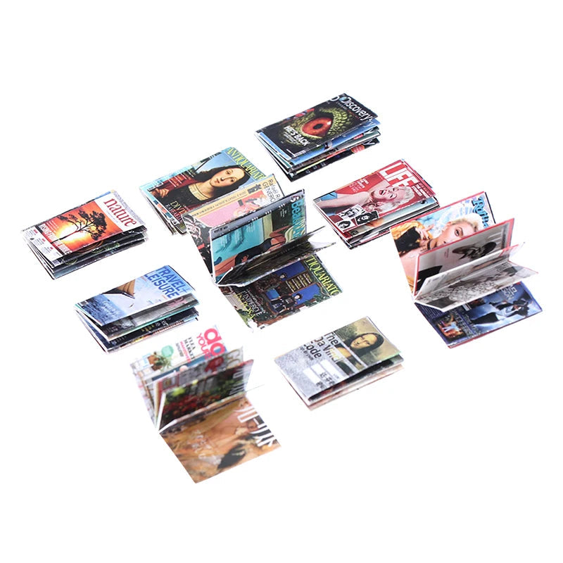 Miniature dollhouse magazine set with colorful covers, perfect for detailed dollhouse decoration and realistic miniature scenes.