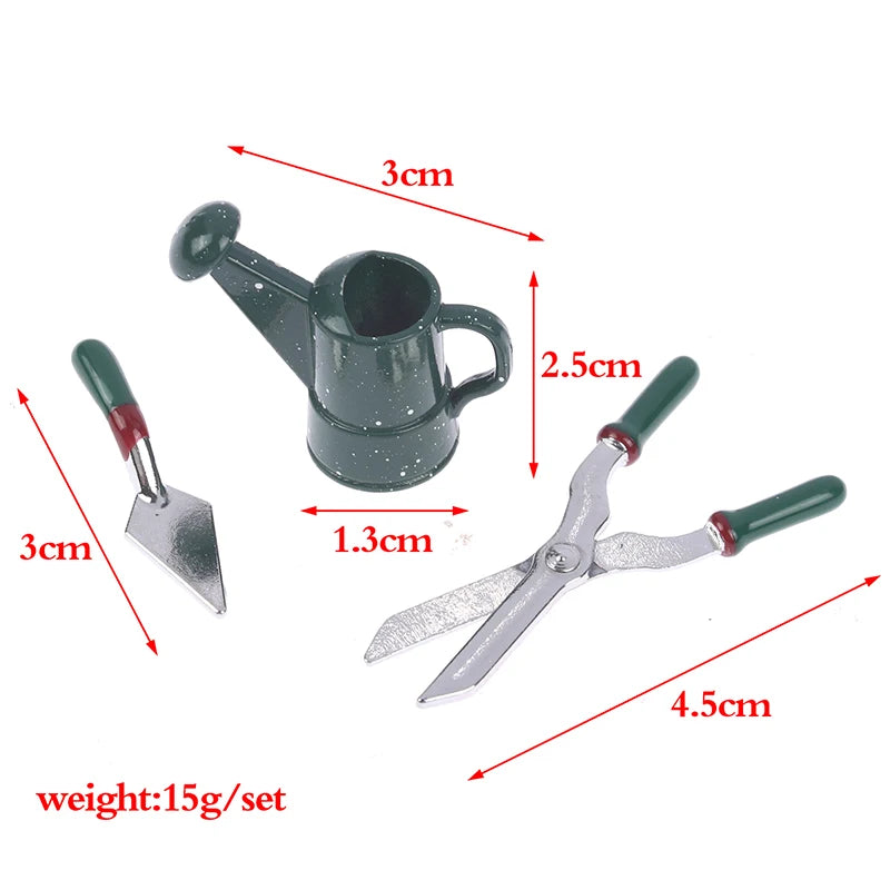 Miniature gardening tool set with a green watering can, shovel, and shears, perfect for detailed plant care, 15g total weight.