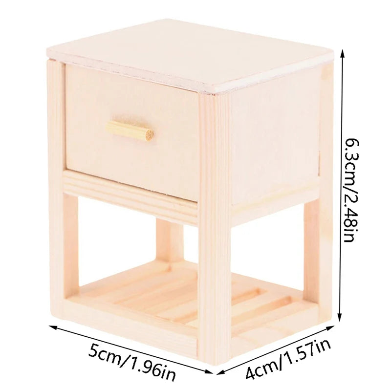 Miniature wooden nightstand with drawer, ideal for 1:12 dollhouses. Perfect scale model furniture with natural finish.