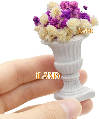 Miniature dollhouse urn planter with vibrant purple and cream dry flowers, perfect for adding charm to dollhouse decor.