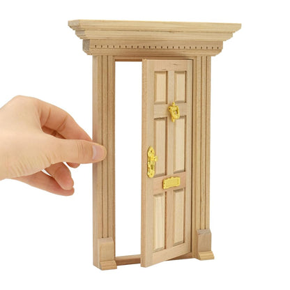 Hand opening iLAND Dollhouse Door, 1:12 scale, with intricate 3D windowpanes and golden handles, miniature decor.