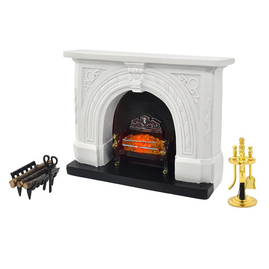 iLAND Dollhouse Furniture and Accessories of Dollhouse Fireplace on 1/12 Scale w/Fire Light & Fireplace Tools & Tong & Firewood Rack (Rococo 4pcs) image