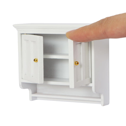 White modern country style dollhouse kitchen cabinet with two open doors, showcasing miniature shelves on a 1/12 scale.