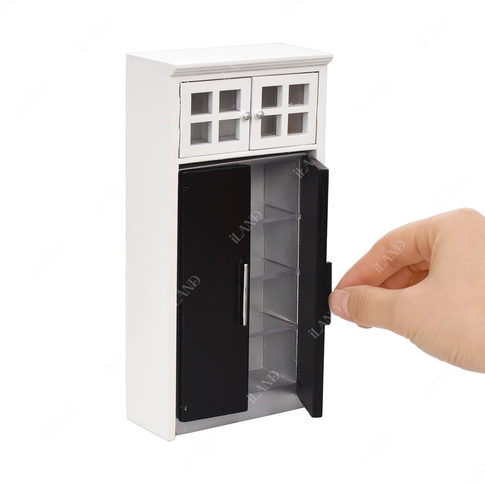 Modern white dollhouse kitchen cabinet, 1/12 scale, with black doors and glass windows, perfect for storing miniature food.