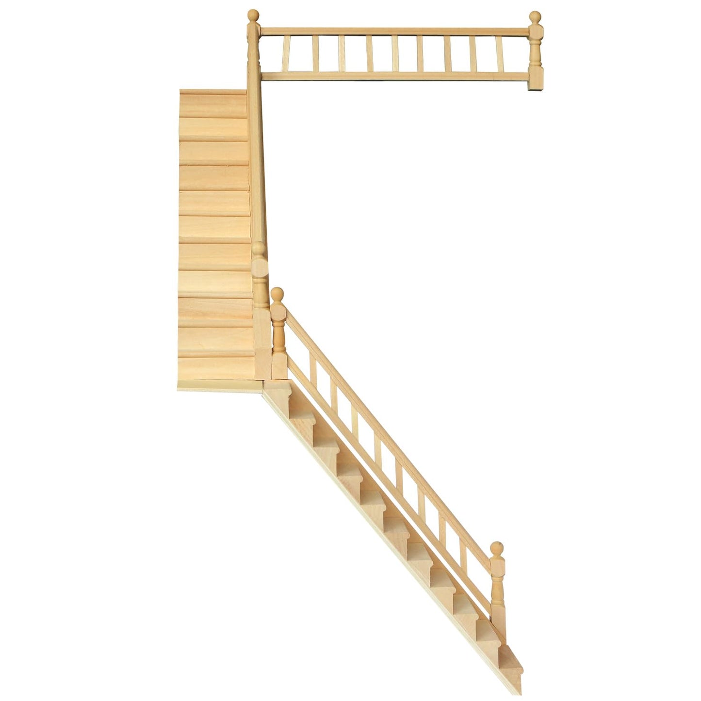 Wooden 1/12 scale dollhouse stairs with handrails and corner boards, perfect for miniature home decoration and customization.