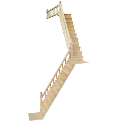 Wooden 1/12 scale miniature dollhouse stairs with adjustable handrails and corner boards, perfect for DIY enthusiasts.