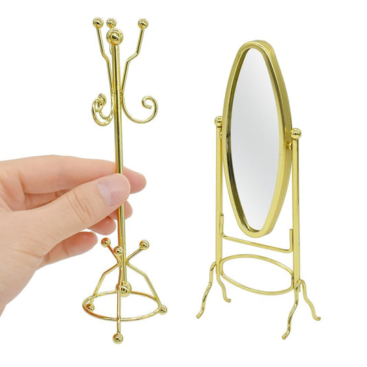 Miniature golden coat rack and full mirror on 1:12 scale, perfect for iLAND dollhouse furniture and accessories.