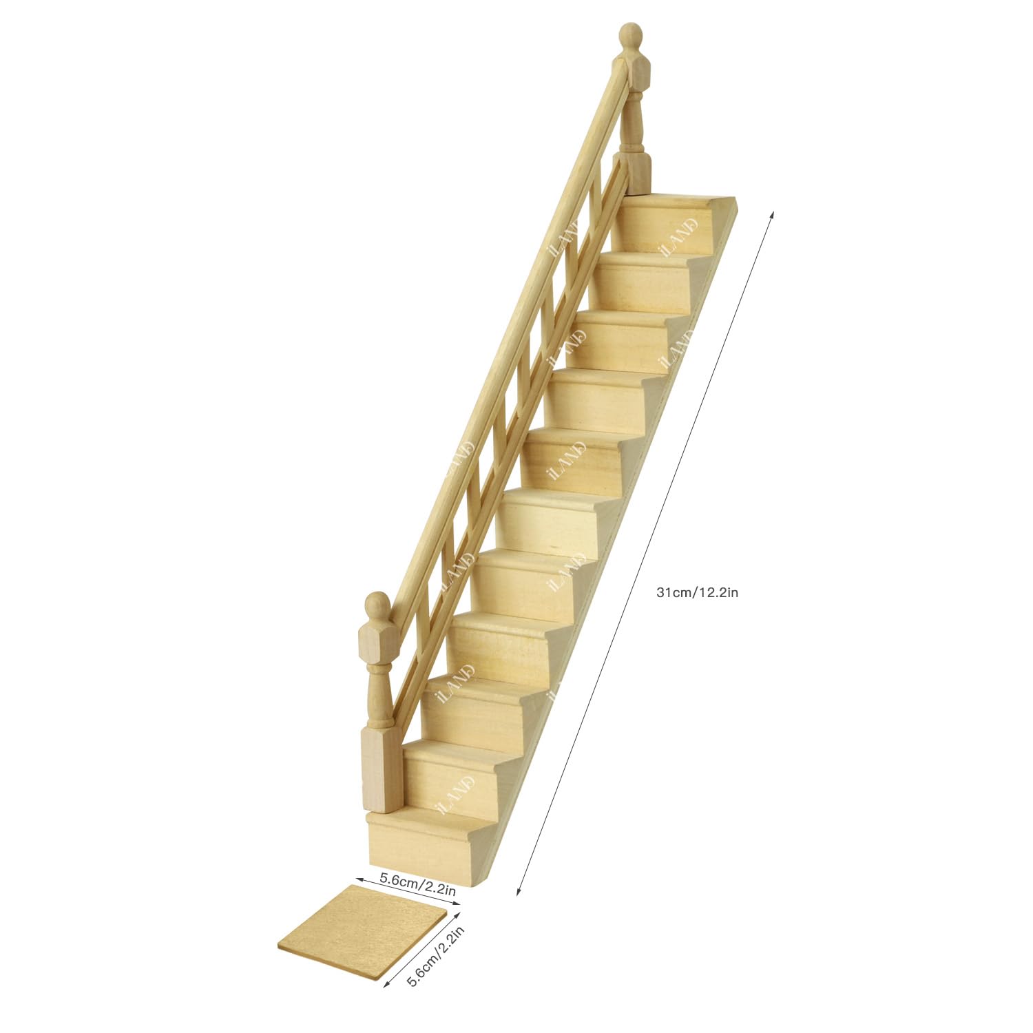 Wooden miniature dollhouse stairs, 1/12 scale with handrails, adjustable design for realistic dollhouse decor.
