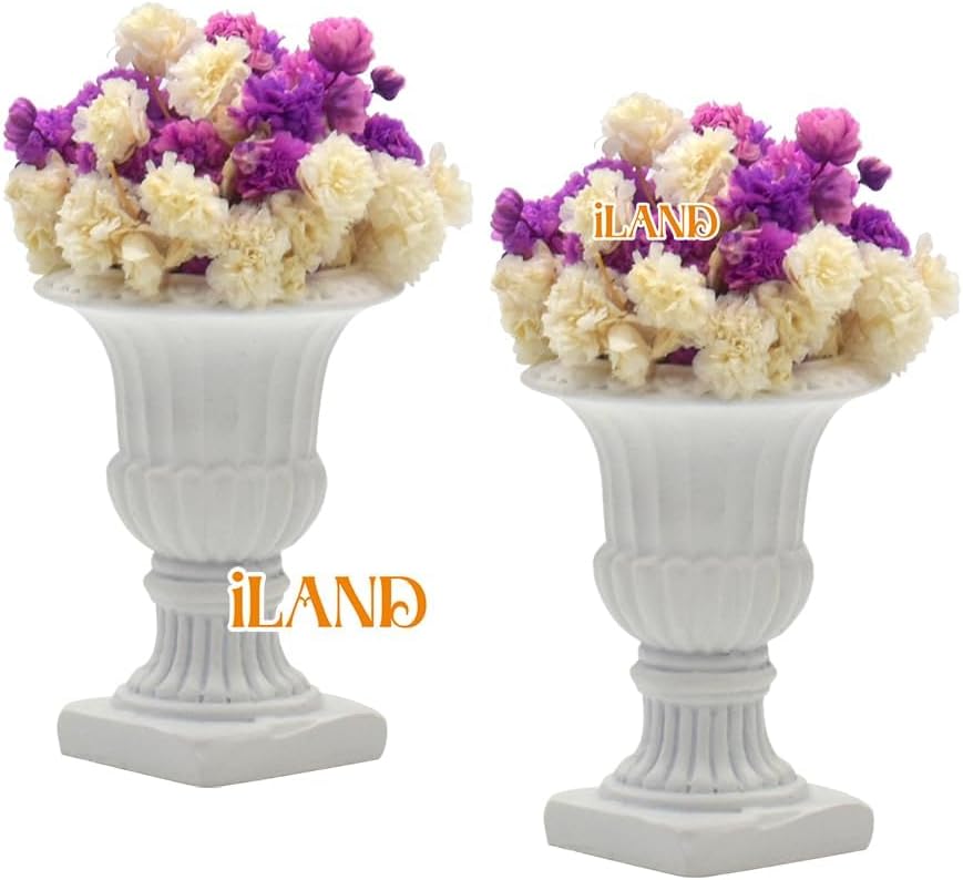 Elegant miniature dollhouse urn planters with vibrant purple and cream dry flowers, perfect for adding charm to any dollhouse decor.