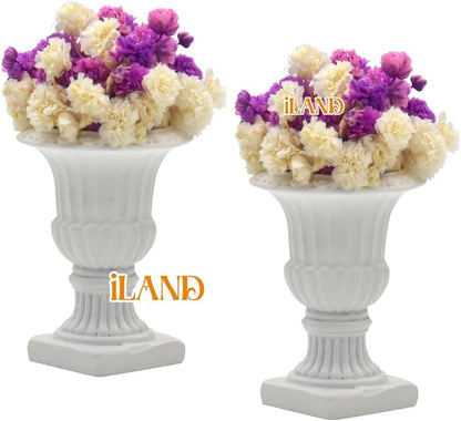 Elegant miniature dollhouse urn planters with vibrant purple and cream dry flowers, perfect for adding charm to any dollhouse decor.