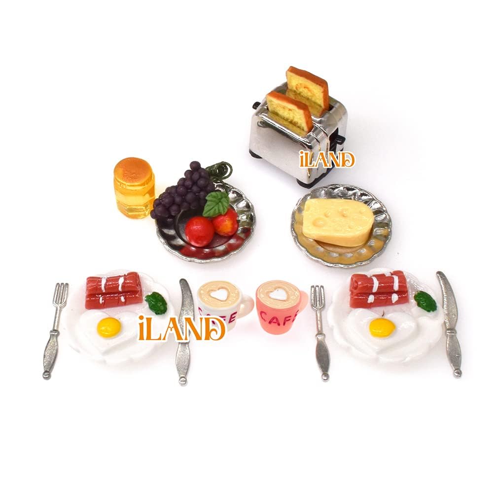 Miniature breakfast set with eggs, bacon, cheese, toaster, and fruit for dollhouse kitchen accessories.