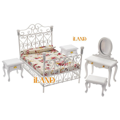 iLAND Victorian Dollhouse Furniture on 1:12 Scale, Dollhouse Bed Set 5pcs image