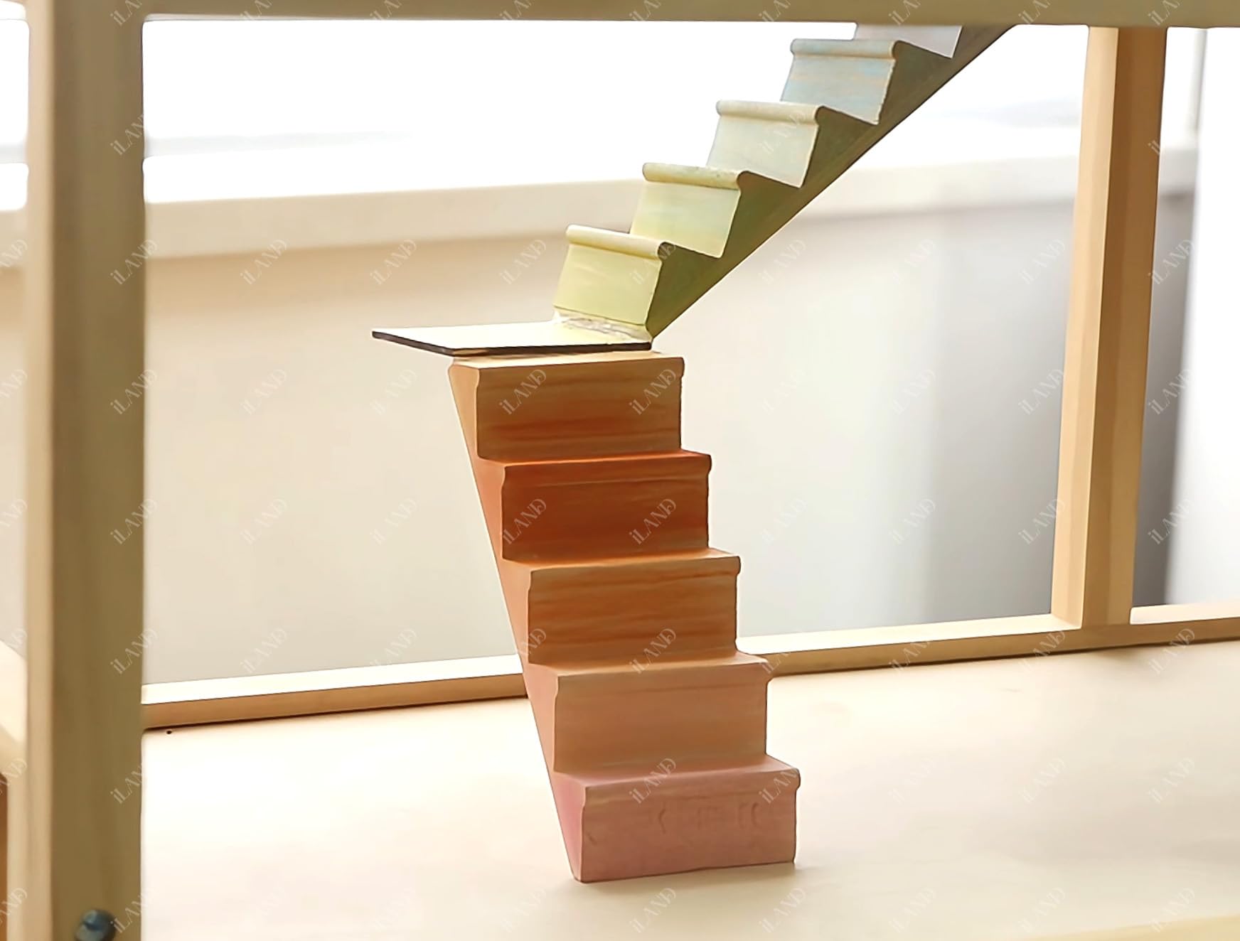 Miniature wooden dollhouse stairs, 1/12 scale, featuring adjustable steps with handrails and corner boards for DIY enthusiasts.