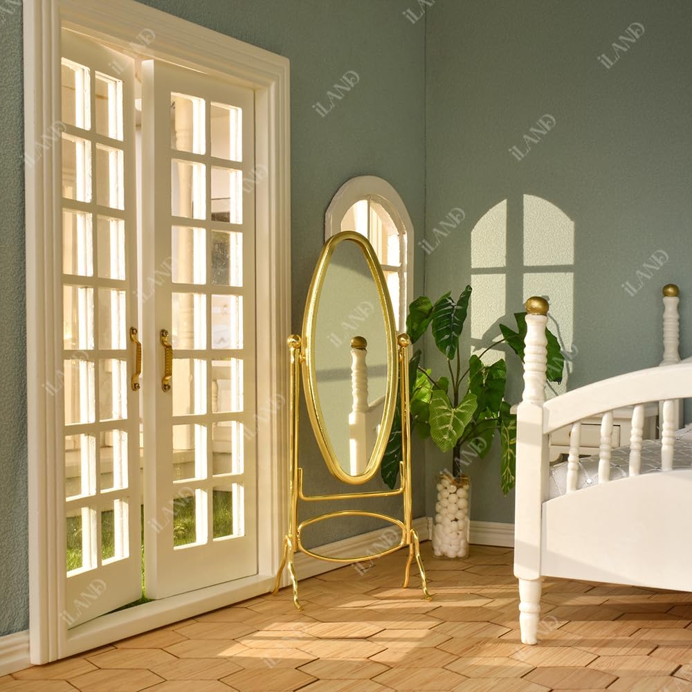 Miniature golden coat rack and full mirror in iLAND dollhouse bedroom, 1:12 scale, complementing elegant decor.