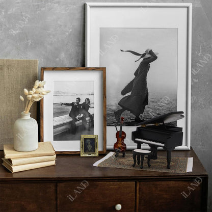 Elegant iLAND piano music box and violin set on a wooden dresser, perfect 1/12 scale dollhouse accessory with vintage charm.