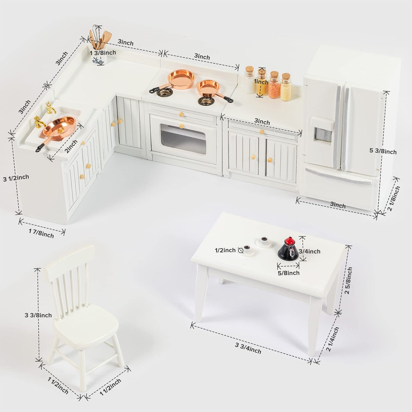 SAMCAMI Wooden Dollhouse Furniture Set - Miniature Dollhouse Furniture 1 12 Scale for Dollhouse Kitchen - Doll House Furniture Toys Incl Kitchen Cabinets, Dining Table, Refrigerator and Others (White) image