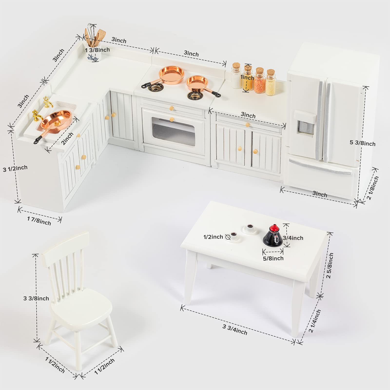 SAMCAMI Wooden Dollhouse Furniture Set - Miniature Dollhouse Furniture 1 12 Scale for Dollhouse Kitchen - Doll House Furniture Toys Incl Kitchen Cabinets, Dining Table, Refrigerator and Others (White) image