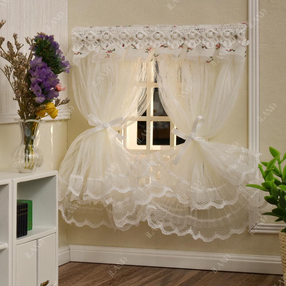 iLAND Miniature Dollhouse Accessories on 1/12 Scale, Dollhouse Curtains Set of Multi-Layered Lace & Tulle Curtains 2pcs image