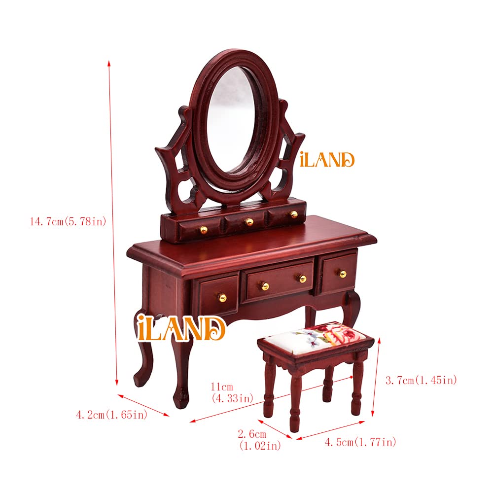 iLAND Wooden Dollhouse Furniture 1/12 Scale, Dollhouse Bedroom Furniture in Mahogany Color incl Dollhouse Bed & Dressing Table & Wardrobe (Classical Miniature Furniture 6pcs) image