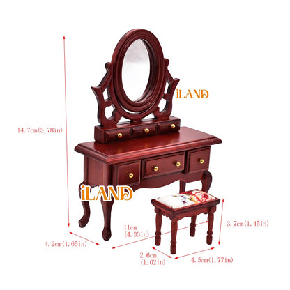 iLAND Wooden Dollhouse Furniture 1/12 Scale, Dollhouse Bedroom Furniture in Mahogany Color incl Dollhouse Bed & Dressing Table & Wardrobe (Classical Miniature Furniture 6pcs) image