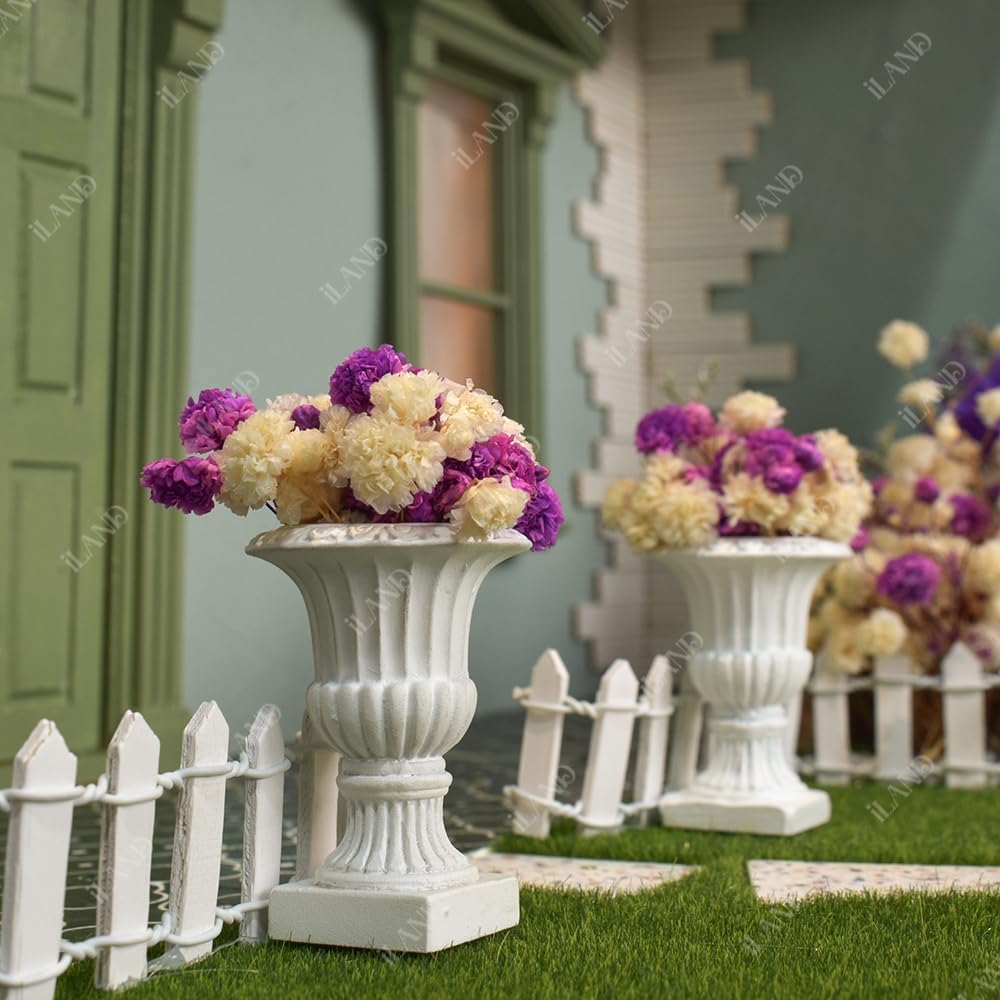 Miniature dollhouse urn planters with vibrant purple and cream dry flowers, perfect for realistic decor.