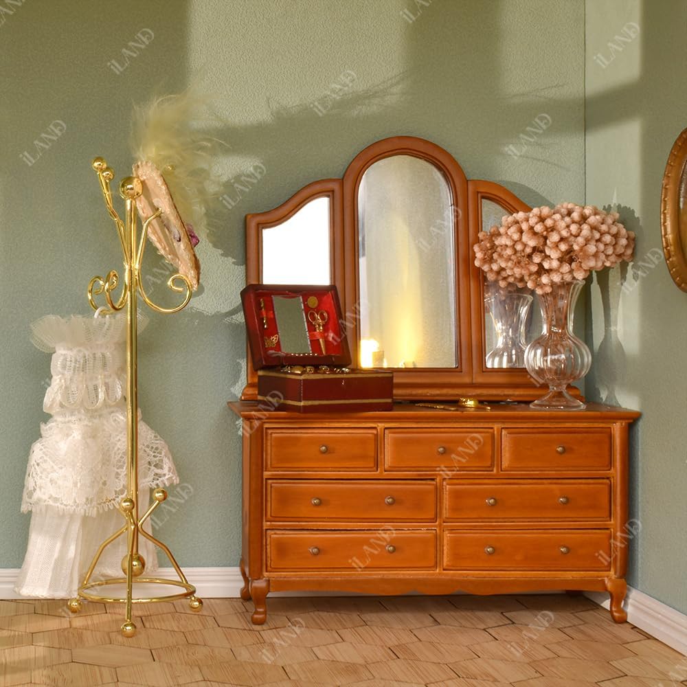 Miniature golden coat rack and full mirror set, perfect 1:12 scale dollhouse furniture with elegant detailing and accessories.