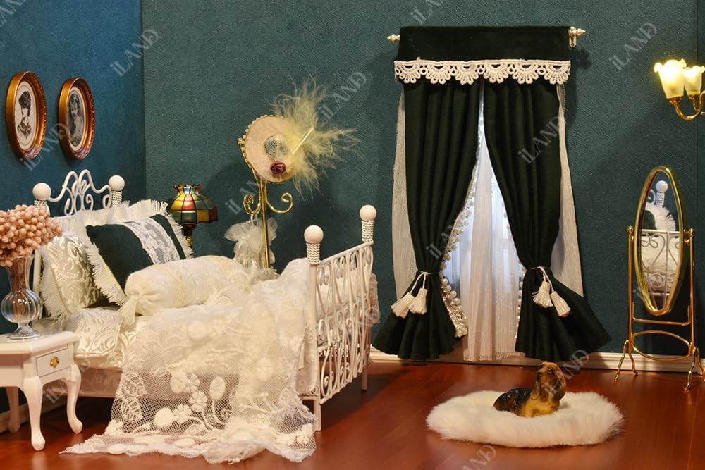 iLAND Victorian Dollhouse Furniture on 1:12 Scale, Dollhouse Bed Set 5pcs image