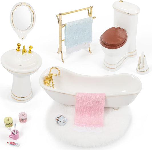 SAMCAMI Ceramic Dollhouse Furniture 1 12 Scale - Doll House Furniture Toys for Dollhouse Bathroom - Miniature Furniture Incl Toilet, Bathtub, Washbasin, Fluffy Carpet and Other Dollhouse Accessories image