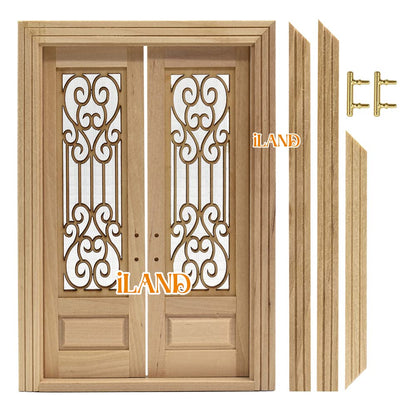 Miniature 1:12 scale dollhouse door with intricate 3D windowpanes, rainbow reflections, and detailed handles.