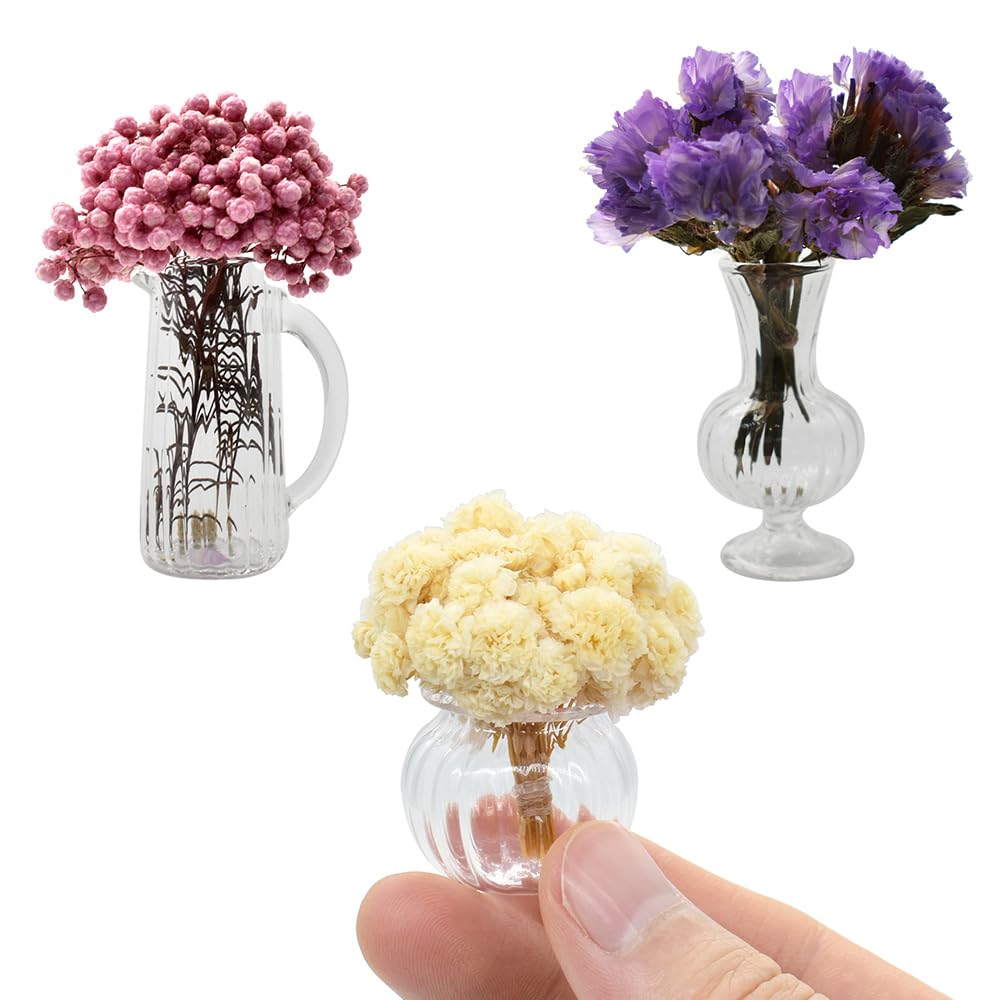 iLAND Miniature Dollhouse Accessories for Dollhouse Furniture, Glass Vases w/Dried Flowers Set (Pretty 5pcs) image