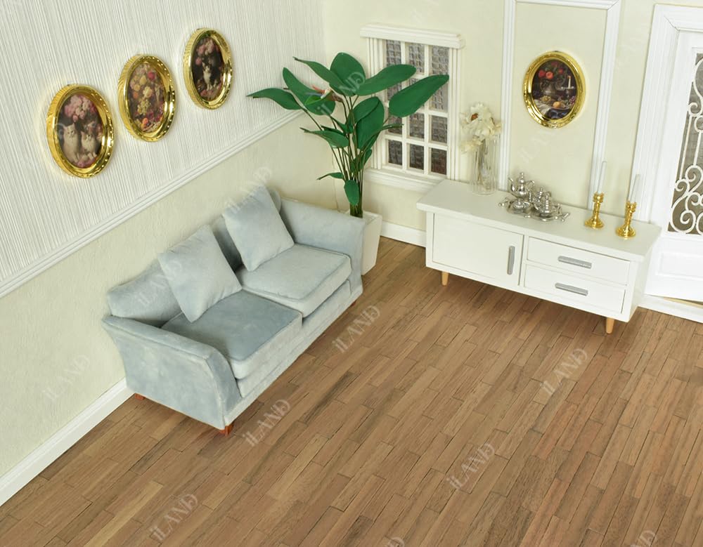 Miniature living room with iLAND Dollhouse Flooring in classic walnut finish, showcasing 1:12 scale decor and furnishings.