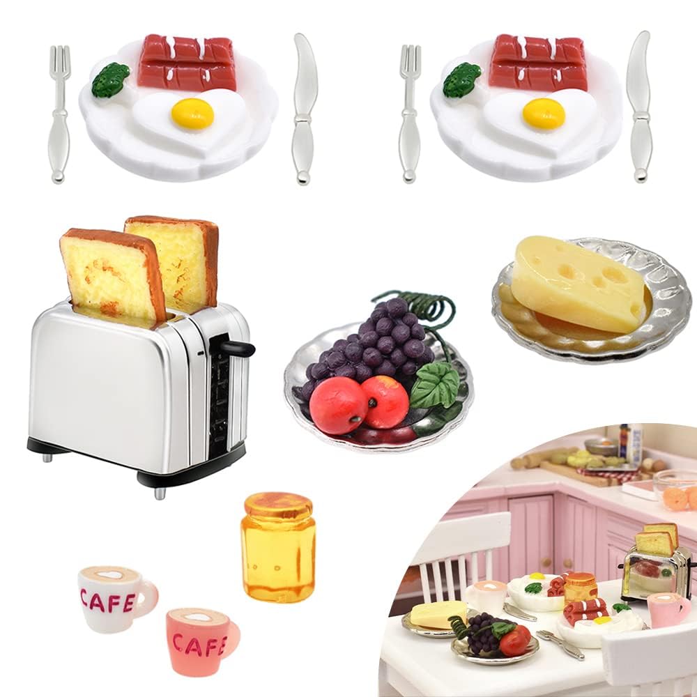 Miniature kitchen set with breakfast foods, including eggs, toast, fruit, cheese, and toaster, ideal for dollhouse displays.