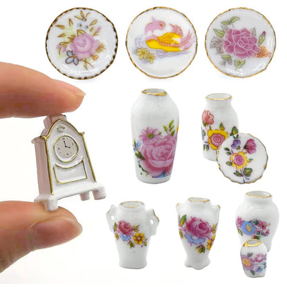 iLAND Miniature Dollhouse Accessories for Dollhouse Furniture, Mini Porcelain Vases and Decorative Plates w/a Desk Clock (Elegant Rose 11pcs) image