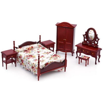 iLAND Wooden Dollhouse Furniture 1/12 Scale, Dollhouse Bedroom Furniture in Mahogany Color incl Dollhouse Bed & Dressing Table & Wardrobe (Classical Miniature Furniture 6pcs) image