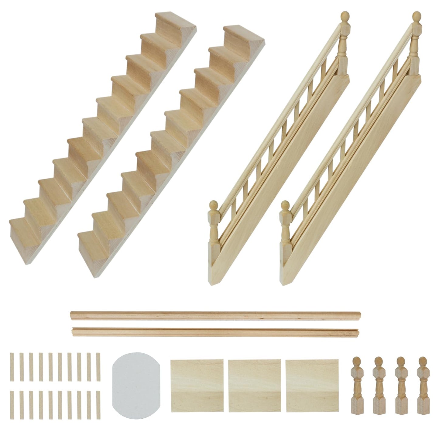 Miniature wooden dollhouse stairs set with adjustable handrails, perfect 1/12 scale accessory for DIY enthusiasts.