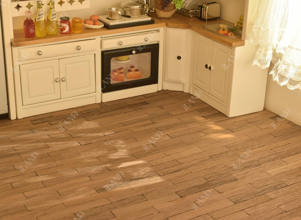 Miniature dollhouse kitchen with classic walnut flooring, perfect for 1:12 and 1:6 scale settings, enhancing realism.