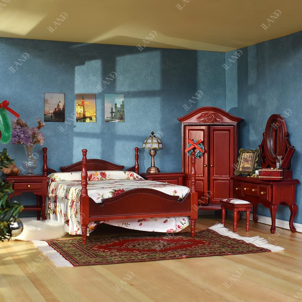 iLAND Wooden Dollhouse Furniture 1/12 Scale, Dollhouse Bedroom Furniture in Mahogany Color incl Dollhouse Bed & Dressing Table & Wardrobe (Classical Miniature Furniture 6pcs) image