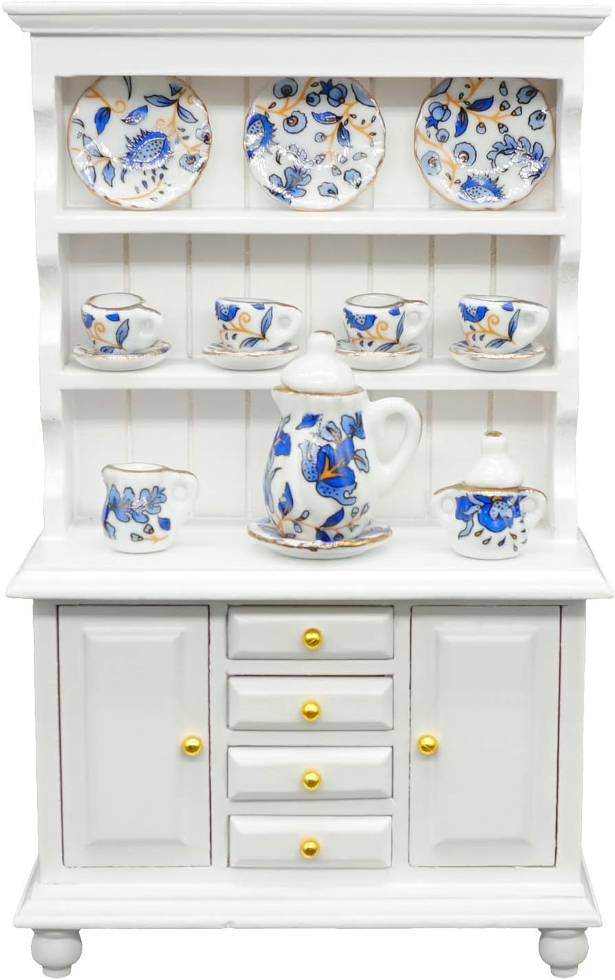 SAMCAMI Miniature Dollhouse Furniture Kitchen Set - Kitchen Cabinet Cupboards and Tea Set – 1 12 Scale Dollhouse Accessories image