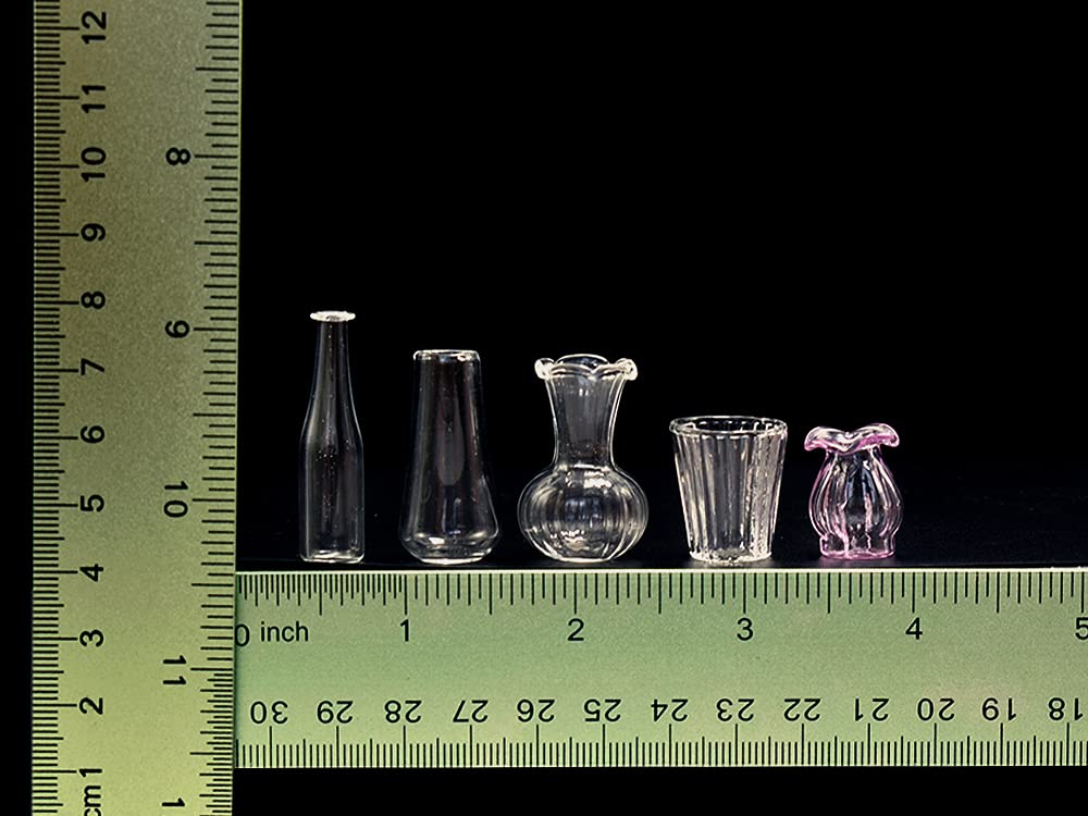 iLAND Miniature Dollhouse Accessories for Dollhouse Furniture, Glass Vases w/Dried Flowers Set (Pretty 5pcs) image