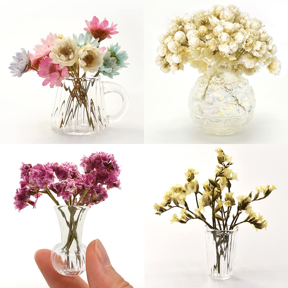 iLAND Miniature Dollhouse Accessories for Dollhouse Furniture, Glass Vases w/Dried Flowers Set (Pretty 5pcs) image