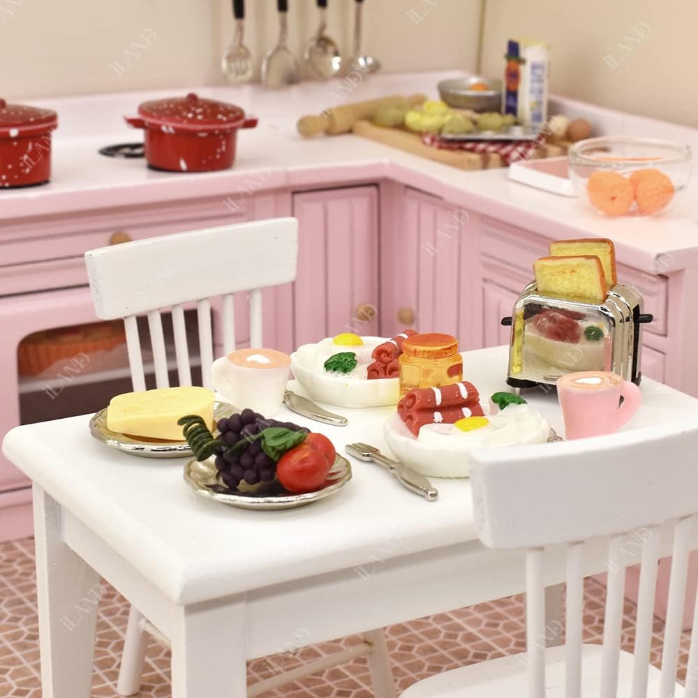Miniature dollhouse kitchen set with breakfast foods, featuring toast, eggs, and fruit, enhancing tiny home decor.