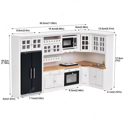 Modern 1/12 scale dollhouse kitchen set with white wooden cabinets, oven, and sink, perfect for storing miniature food.