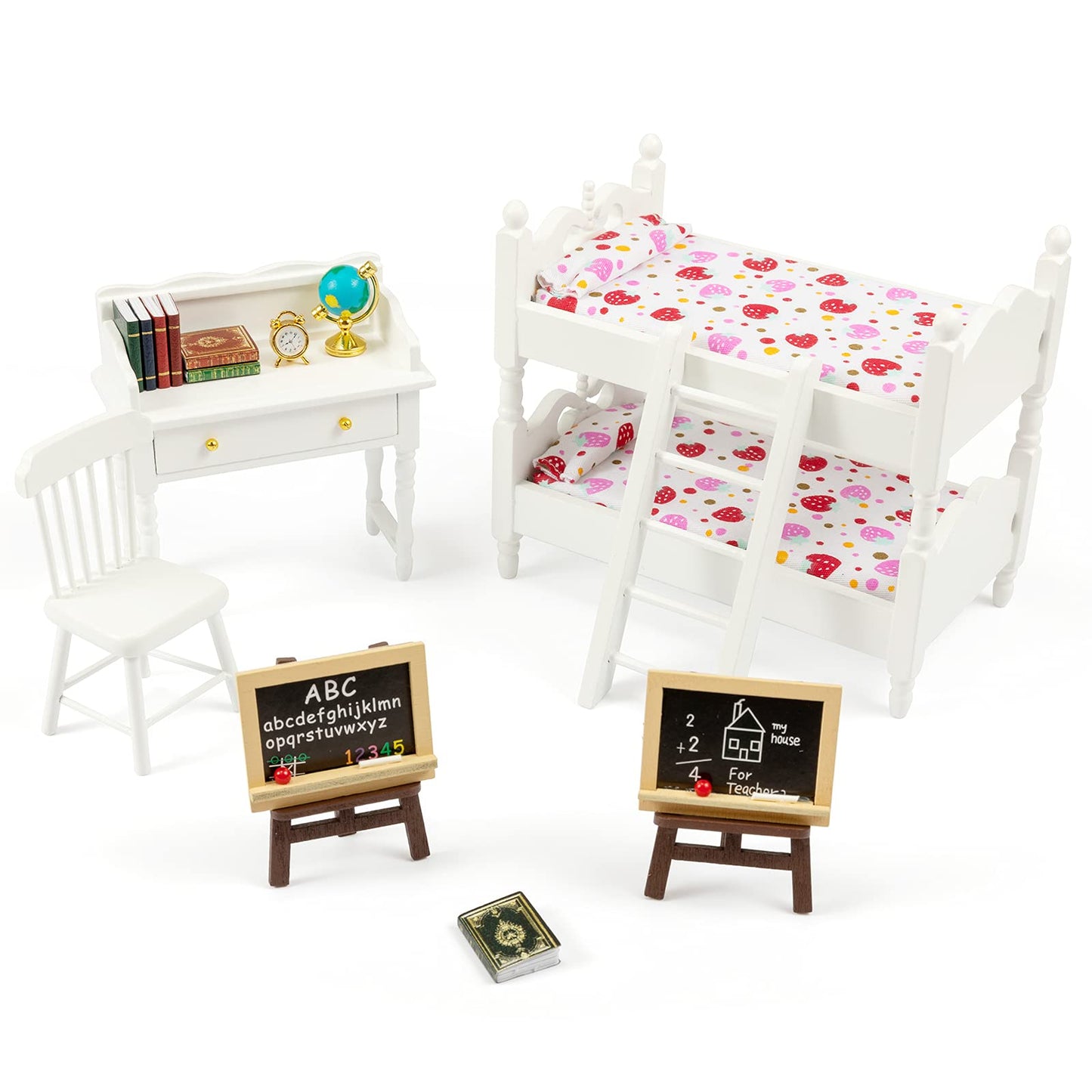 SAMCAMI Miniature Dollhouse Furniture 1 12 Scale - Wooden Dollhouse Bed Set - Doll House Furniture Toys Incl Doll Bed, Desk, Books, blackboards and Other Dollhouse Accessories image