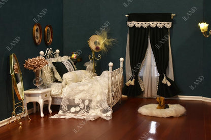 Elegant 1:12 scale iLAND dollhouse bedroom with a golden coat rack and full mirror, enhancing miniature decor.