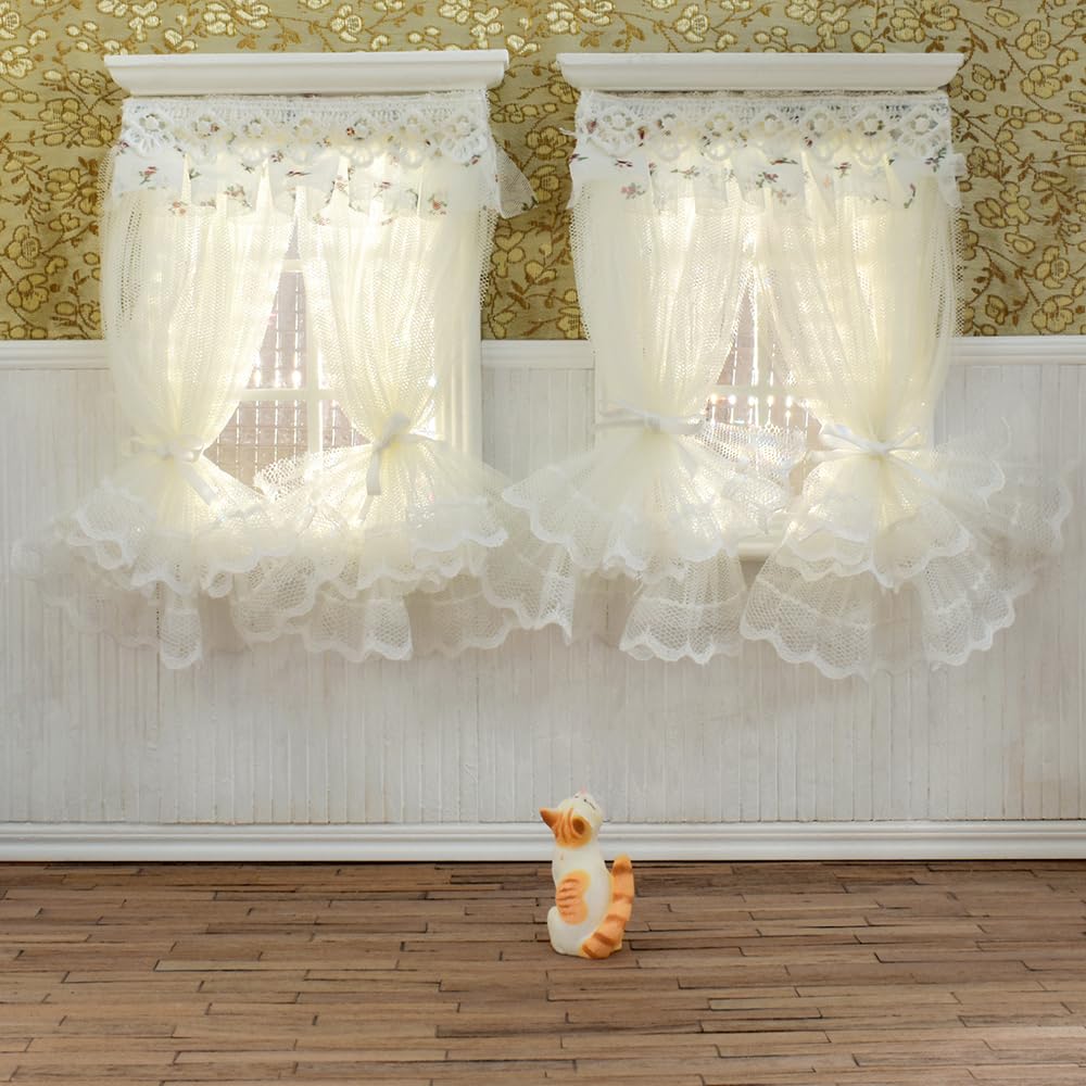 iLAND Miniature Dollhouse Accessories on 1/12 Scale, Dollhouse Curtains Set of Multi-Layered Lace & Tulle Curtains 2pcs image